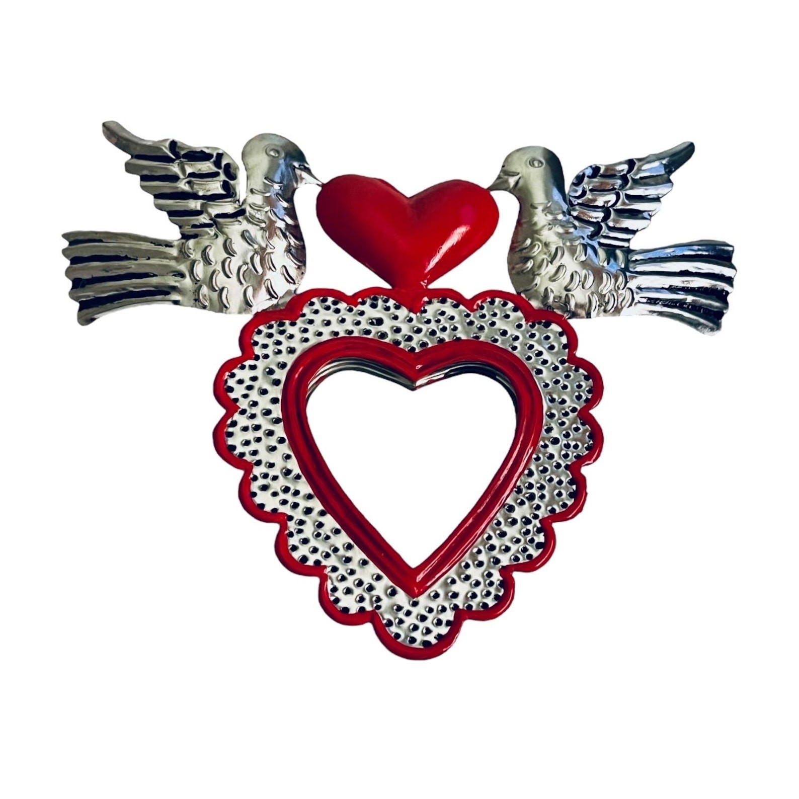 Tin HEART MIRROR, Small Corazon with Doves, Sacred Heart, Mexican Punched Tin
