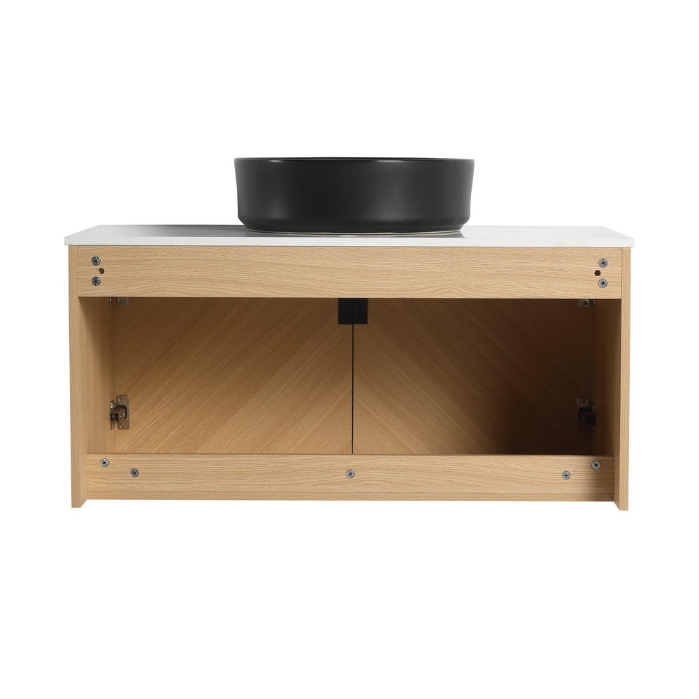 36" Wood Wall-Mounted Bathroom Vanity +Black Ceramic Sink Artificial Stone Slab