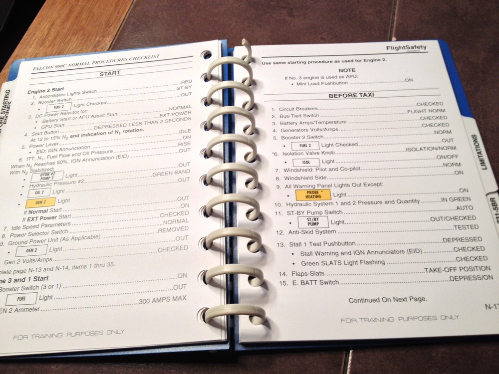 Falcon 900C Normal Procedures Pilot Checklist