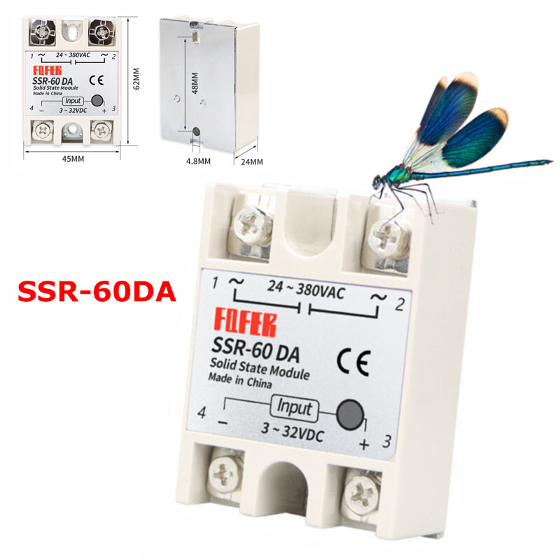 SSR-60DA Solid State Relay Module DC-AC 60A DC 3-32V to AC 24-380V Single Phase