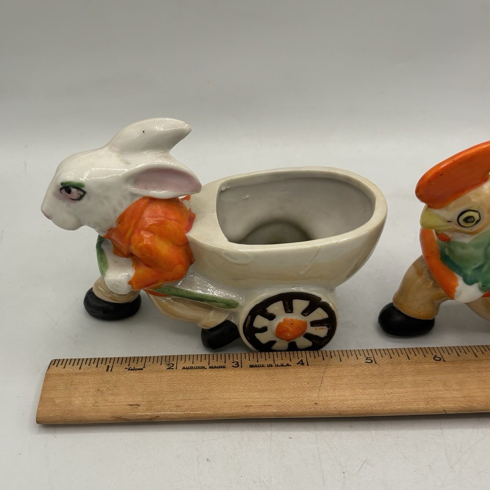 VTG Lusterware Rooster & Rabbit Pulling Rickshaw Egg Carts Easter Planters Japan