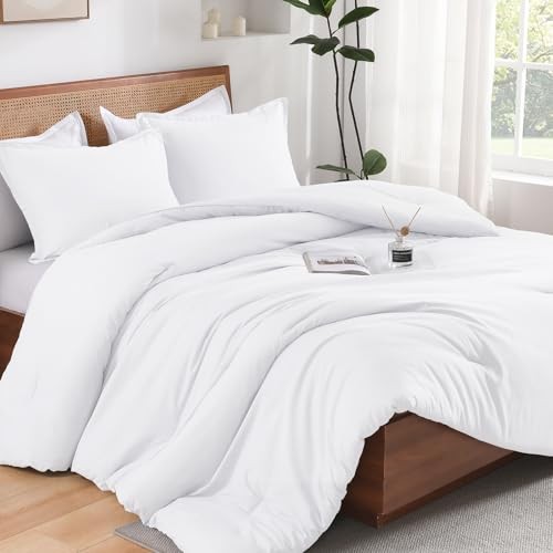 White Twin Size Comforter Set, 2 Pieces Boho Solid Modern Bedding Comforters