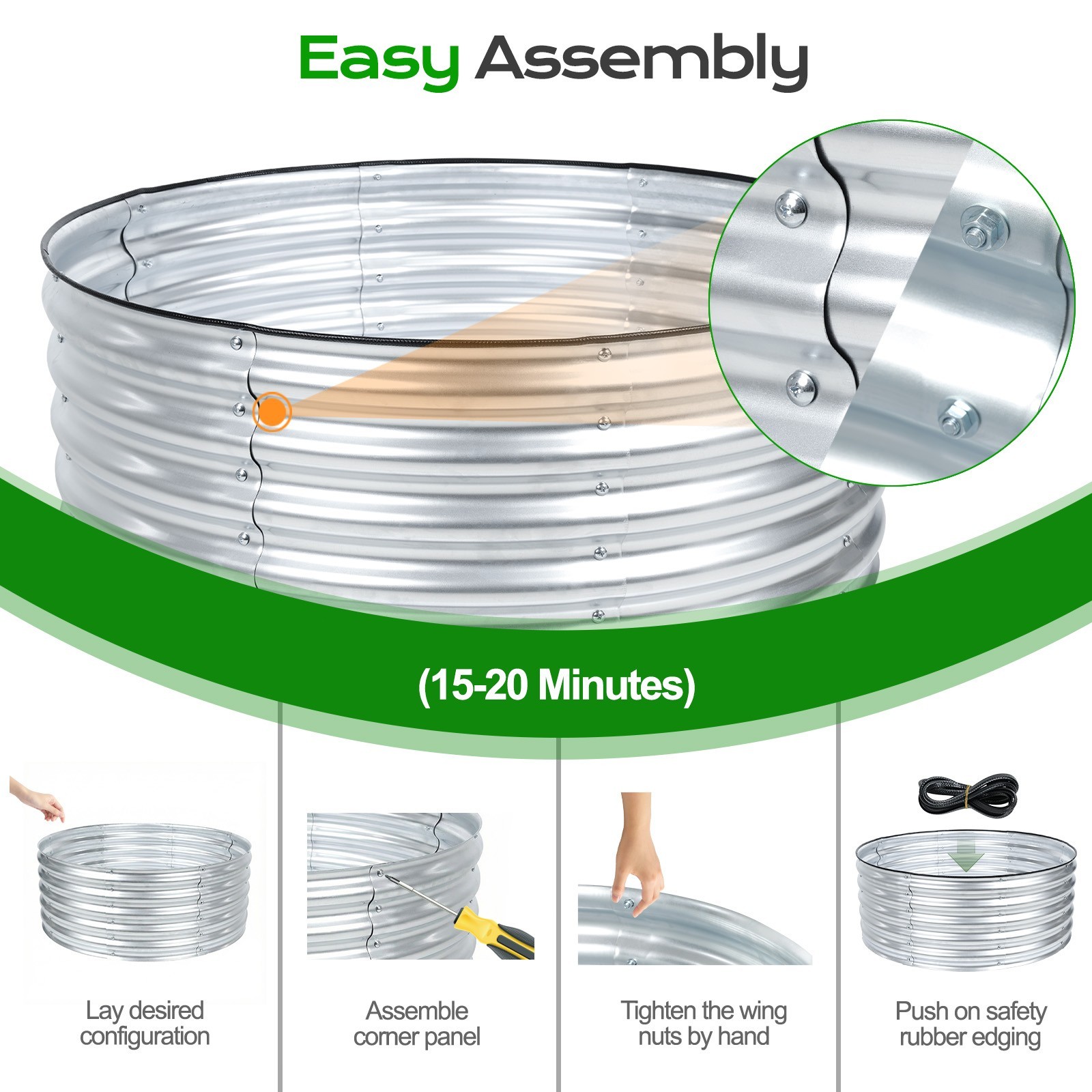 Aoodor 17" Tall 42" Round Metal Raised Garden Bed Kit Outdoor Planter Box Silver