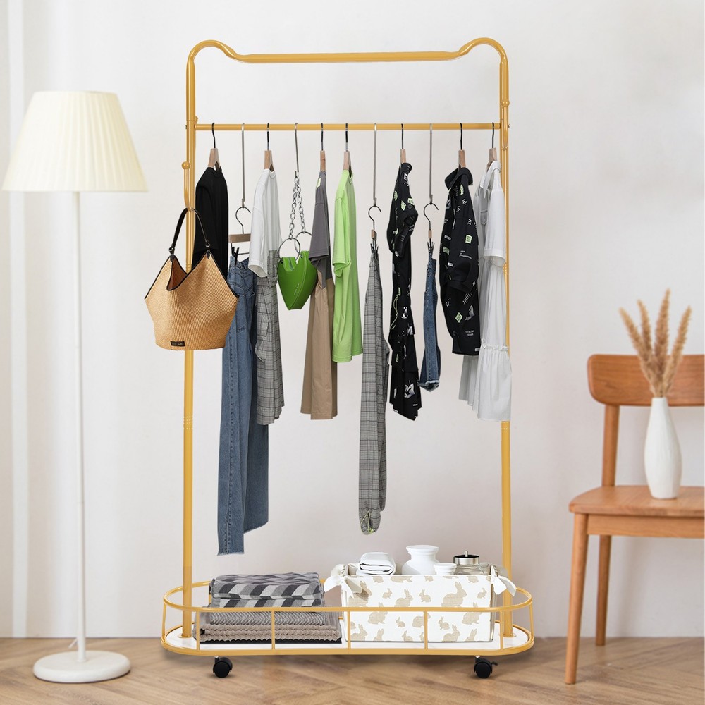 Multi-Functional Movable Clothes Rack Garment Stand w/ Storage Basket & Hooks