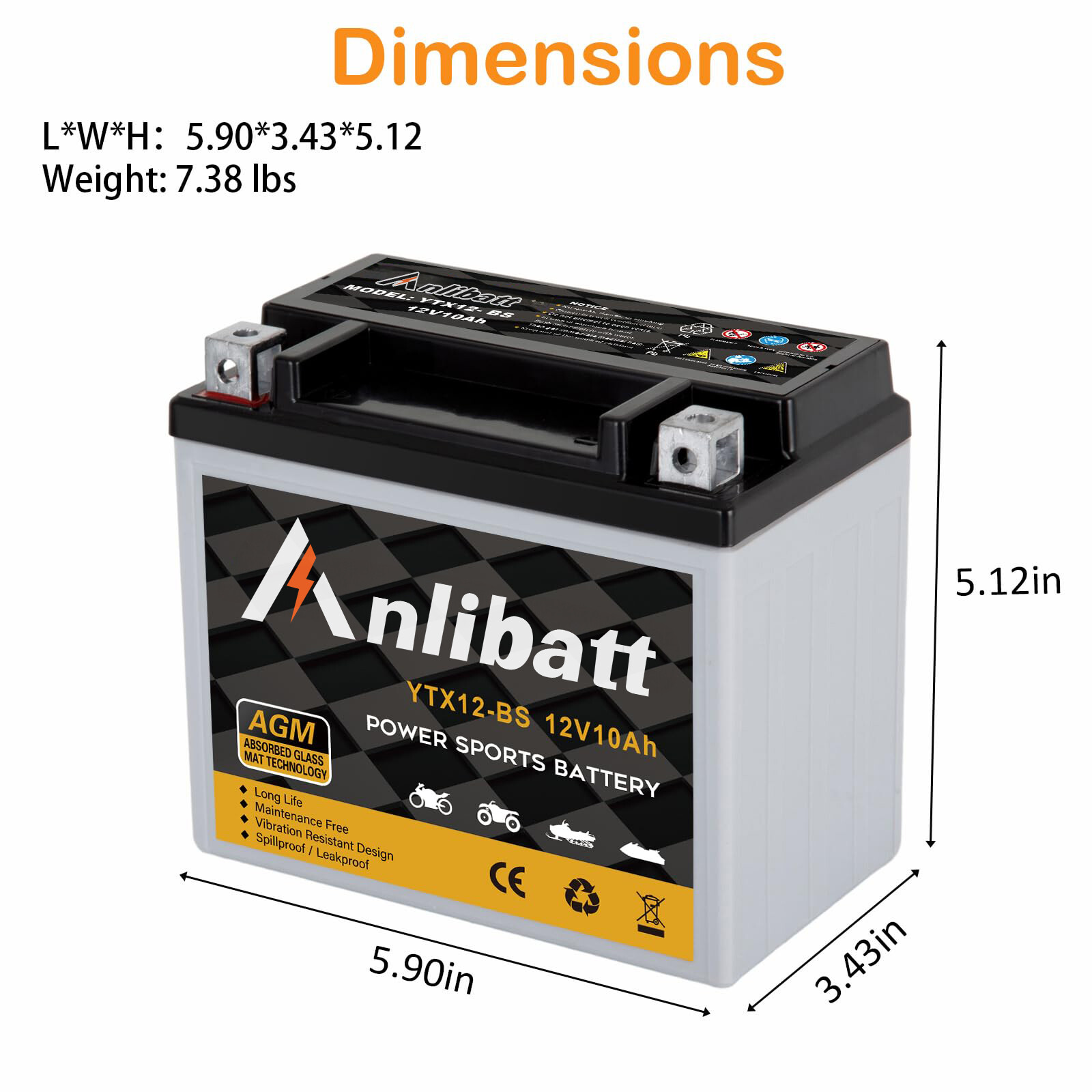 YTX12-BS AGM Motorcycle Battery 12V 10Ah 180CCA Maintenance Free for ATV Scooter