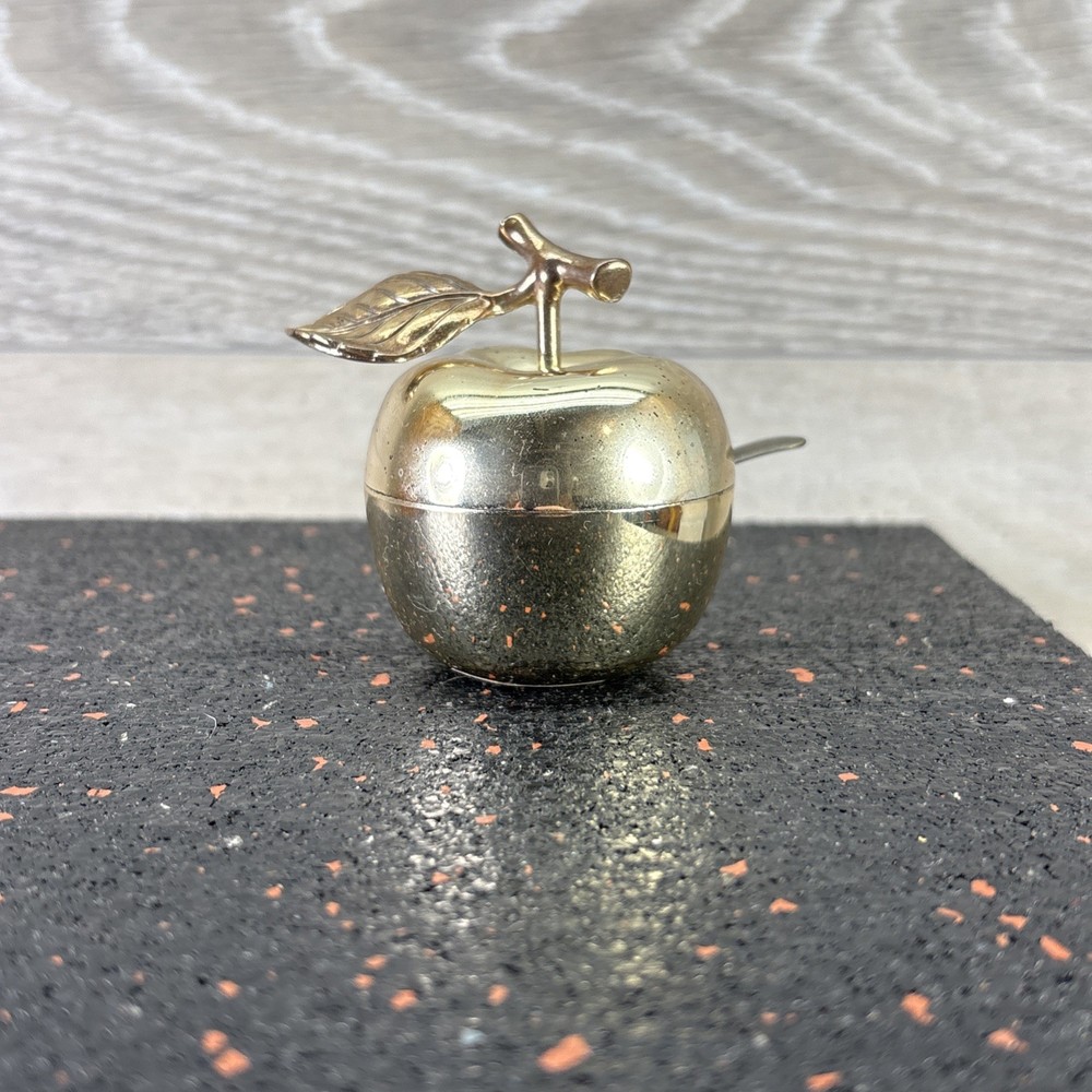 Vintage Silver Plate Apple for Sugar Or Salt Bowl With Spoon Condiment Jar