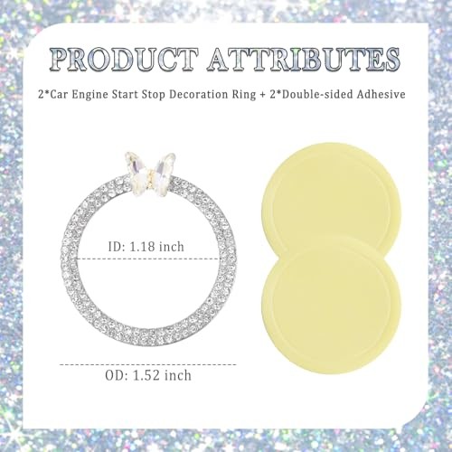 2PCS Car Engine Push Start Button Cover Decoration Ring,Bling Butterfly Silver