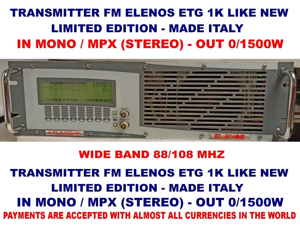 Broadcast Professional Transmitter FM  Elenos ETG 1000 / 1500 watt - 88-108 Mhz