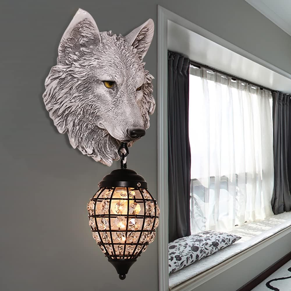 Rustic Wolf Wall Sconce with Crystal Shade - Farmhouse Decorative Light