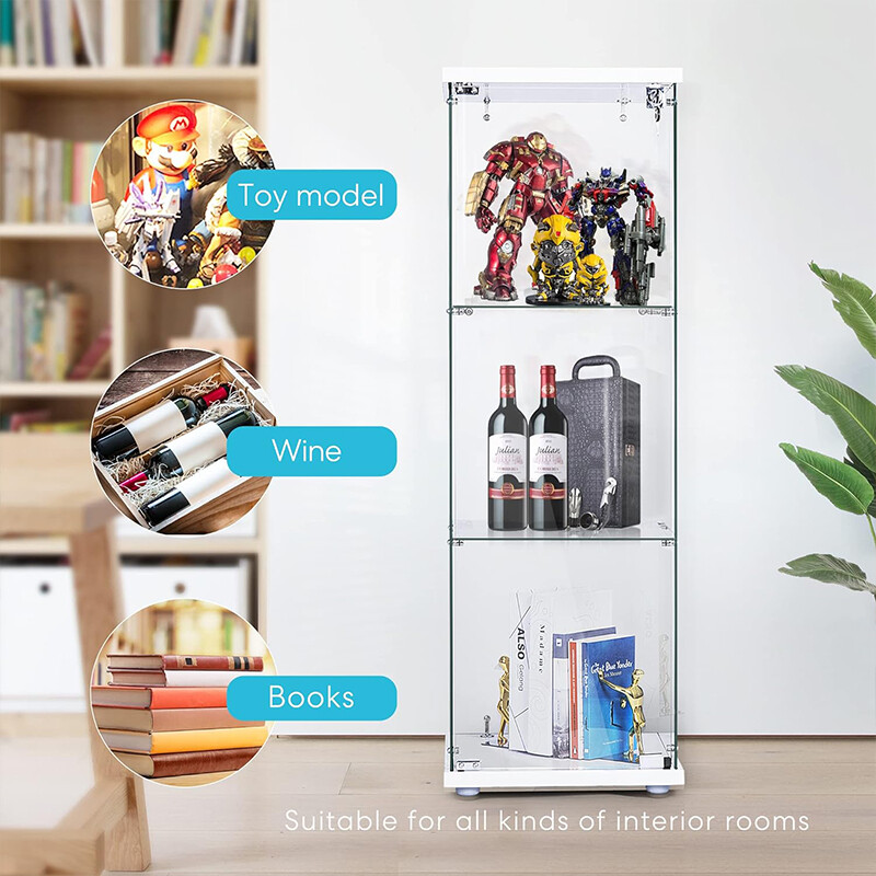 3/4-Shelf Glass Display Cabinet Glass Curio Cabinet Trophy Case Bookshelf & Lock