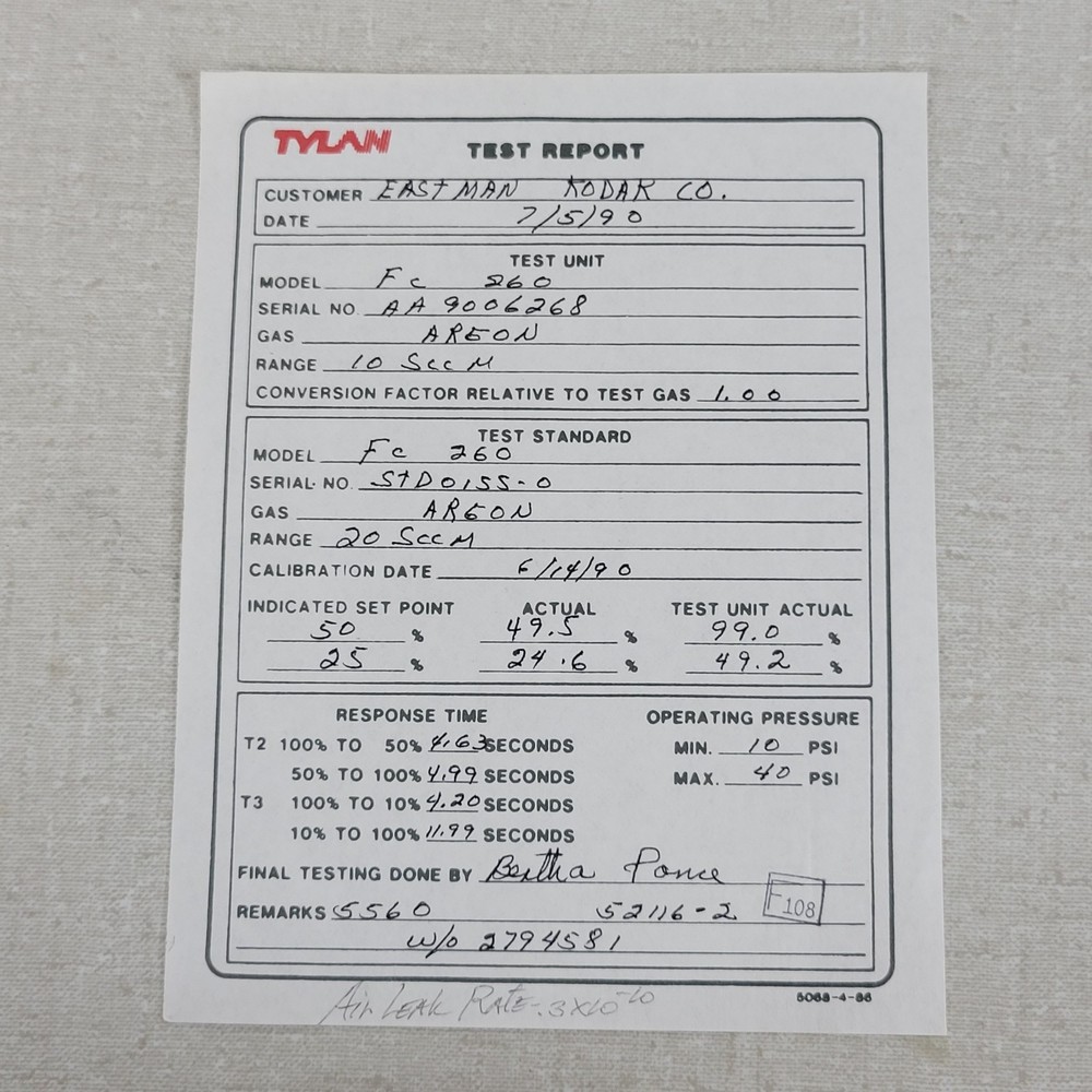 Tylan FC-260 Argon Mass Flow Controller 10SCCM 150PSIG Flow Max elastomer-sealed