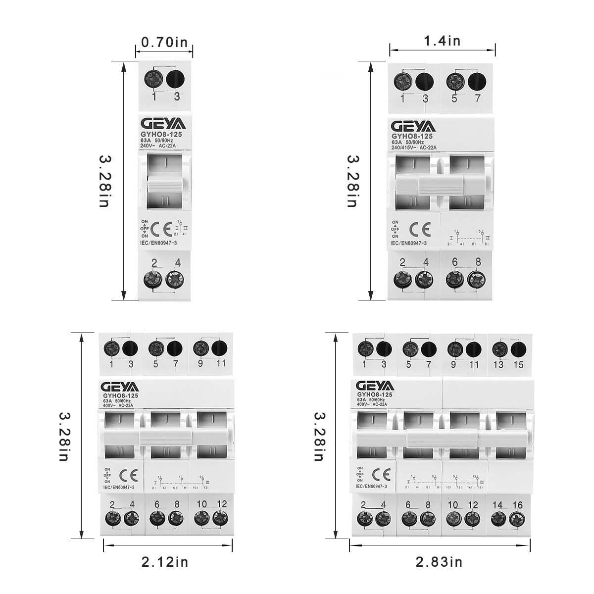 GEYA Manual Changeover Transfer Isolating Switch 2Pole 63A Dual Power Solar/Grid