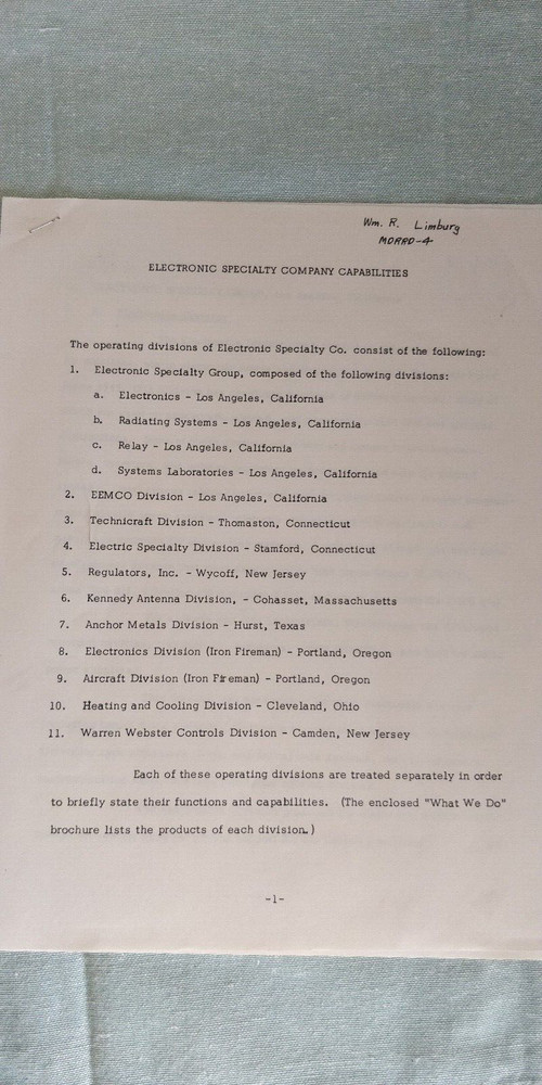 1950s ~ Electronic Speciality Co. ~ Guide to Divisions