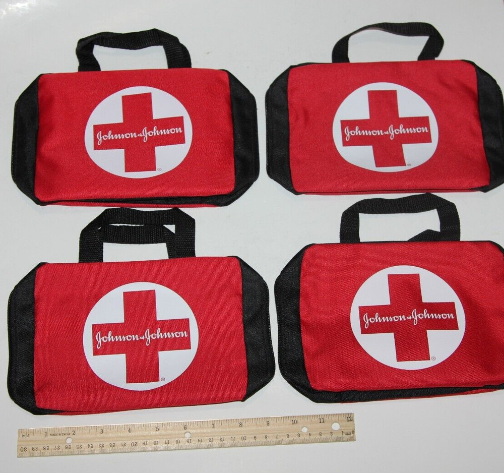 LOT (4) JOHNSON & JOHNSON FIRST AID KIT CASE ONLY RED EMERGENCY BAG EMPTY INSIDE