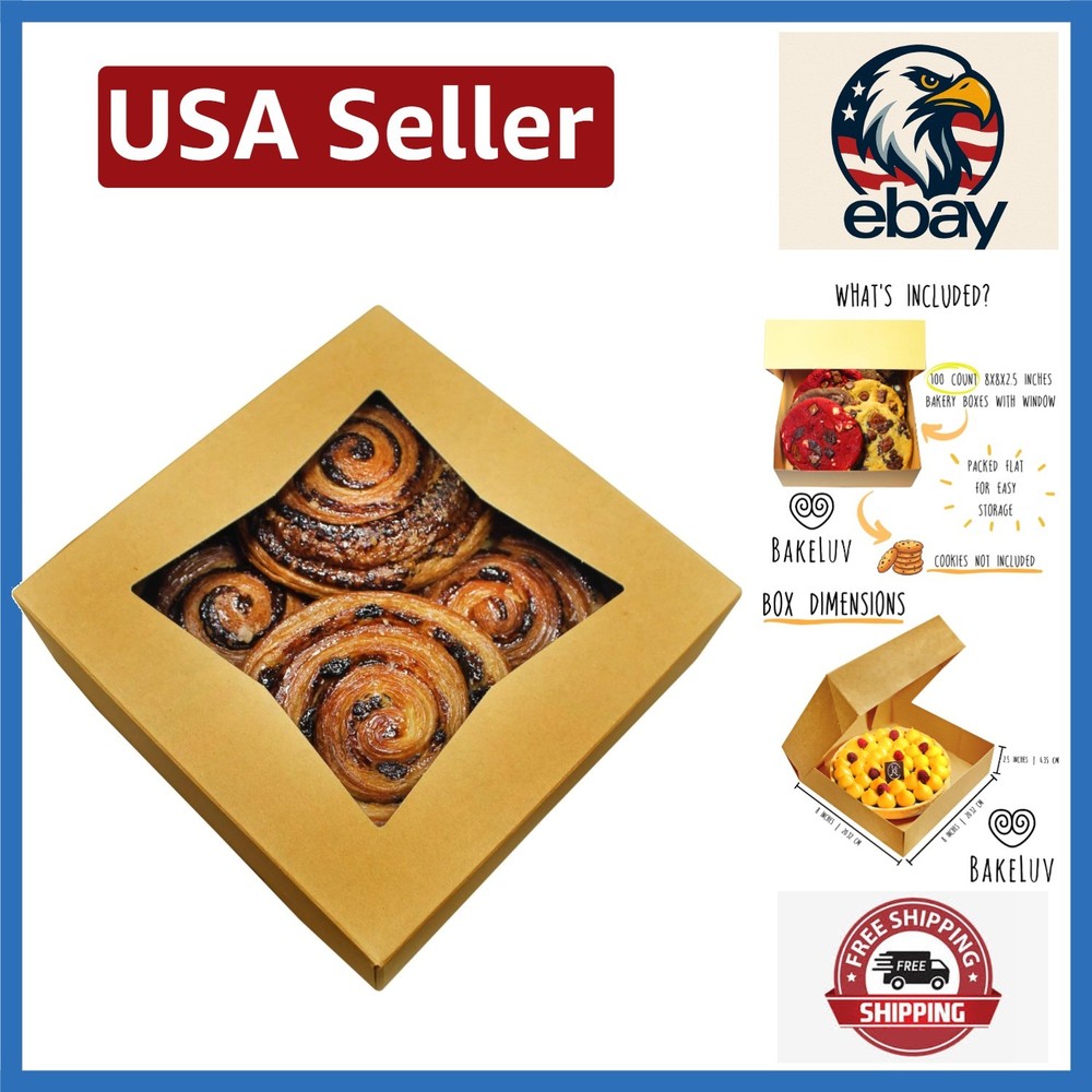 100 Pack 8x8 Brown Bakery Boxes with Window - Elegant Cookie & Treat Packaging