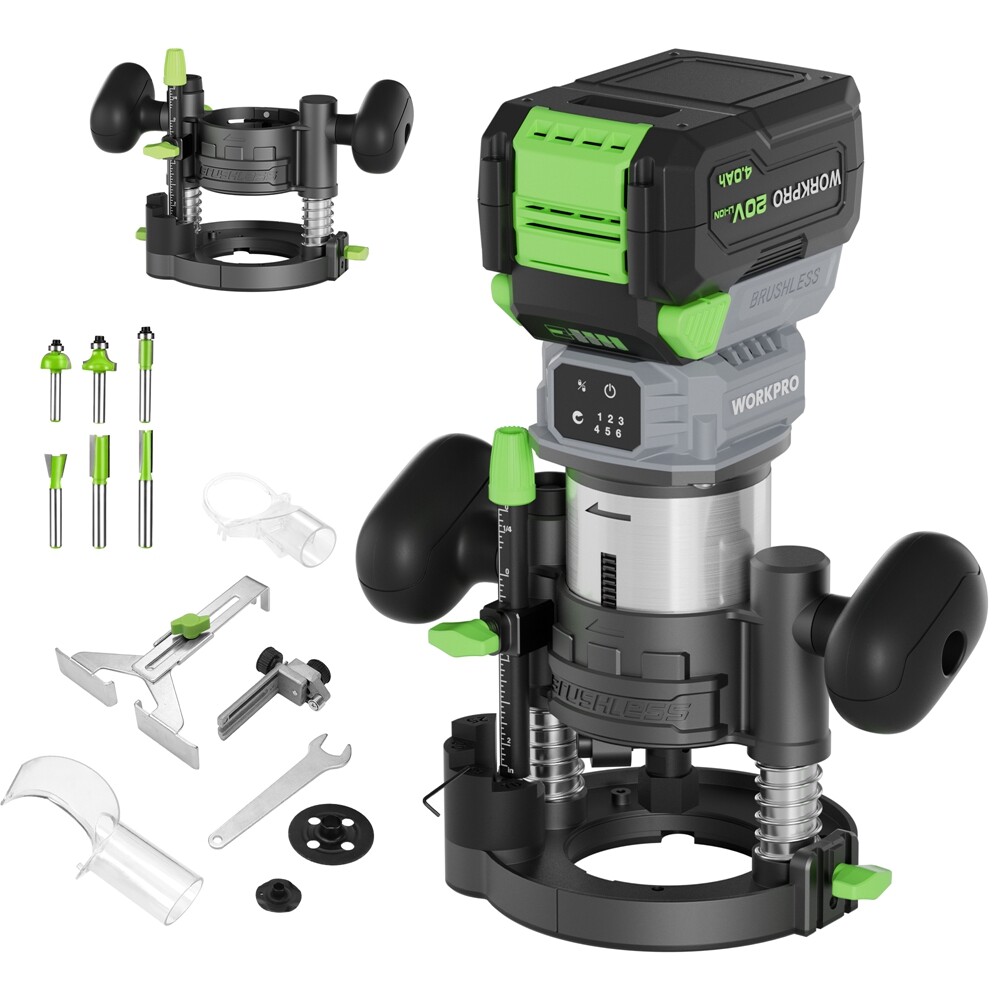 WORKPRO 20V Cordless Compact Router Tool 6 Speed Multi-Angle Adjustable Straight