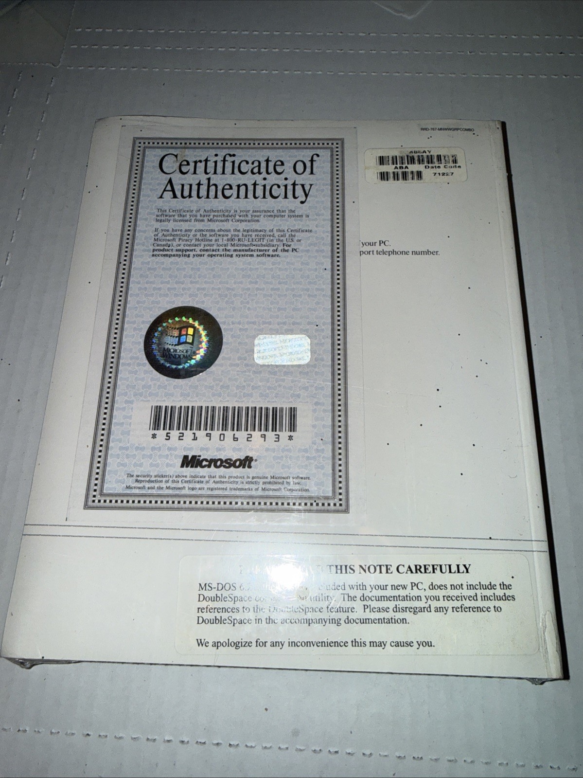 SEALED Microsoft Windows 3.11 Workgroups & MS-DOS 6.2 PC User's Guide COA RARE