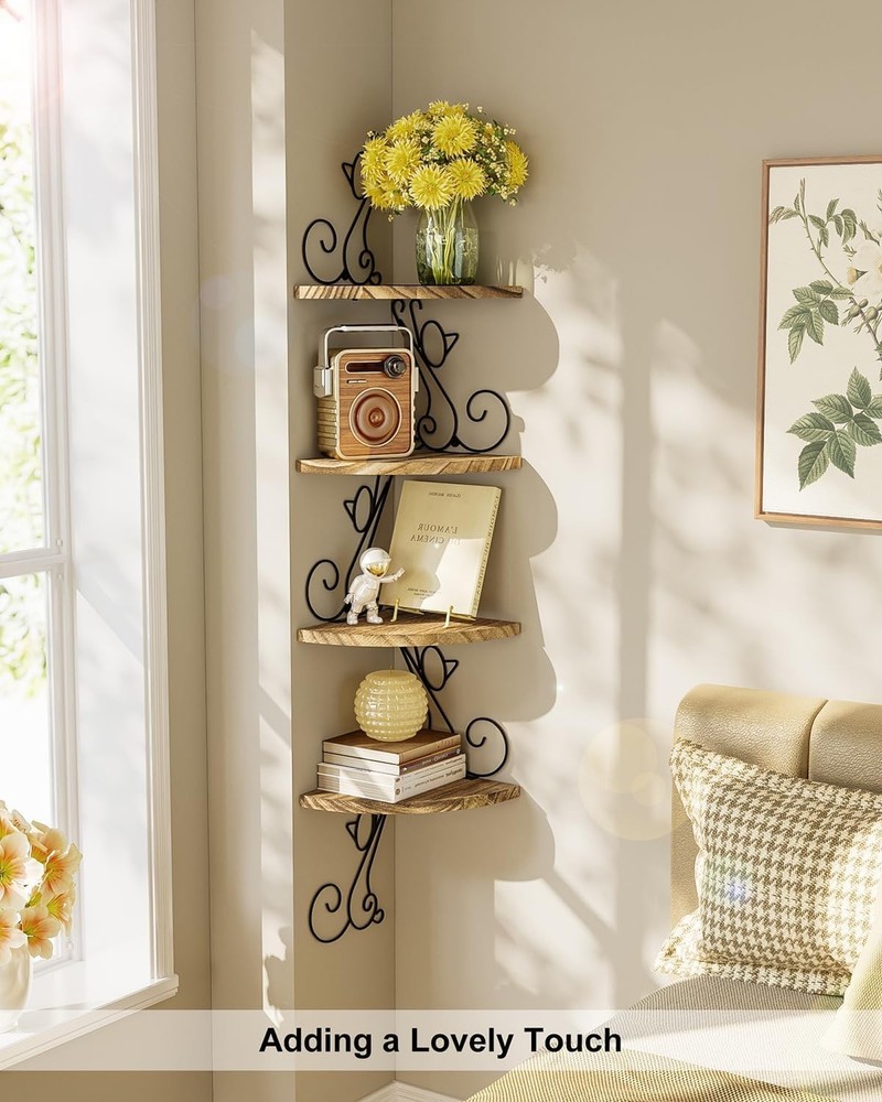 4-Tier Rustic Floating Corner Shelves in Cat Shape - Space Saving Solution