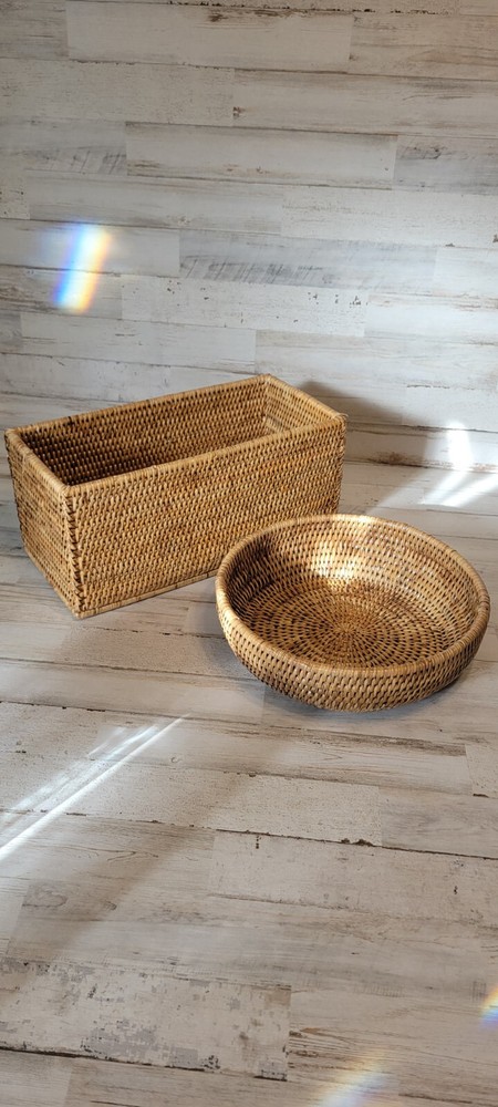 Pottery Barn Tava Handwoven Rattan Rectangular Basket & Fruit Bowl