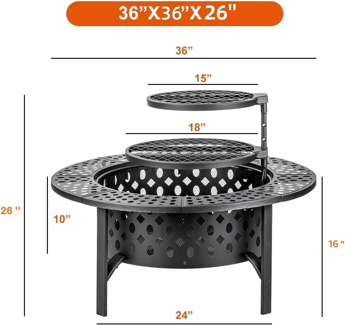 36 Inch Fire Pit with 2 Grills, Wood Burning Fire Pits for Outside with Lid