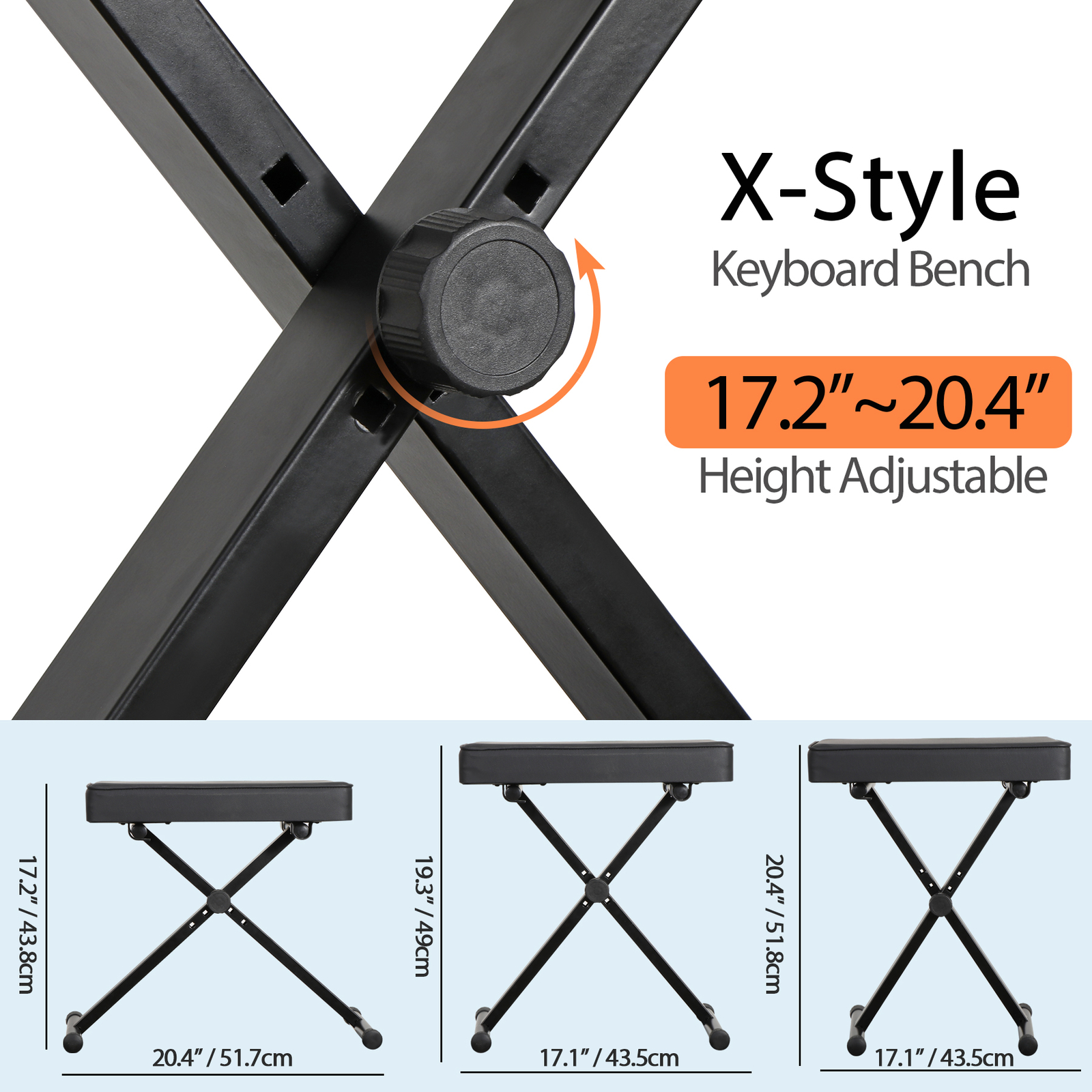 Keyboard Bench X-Style Piano Bench Adjustable Height Thickness Padded Chair Seat