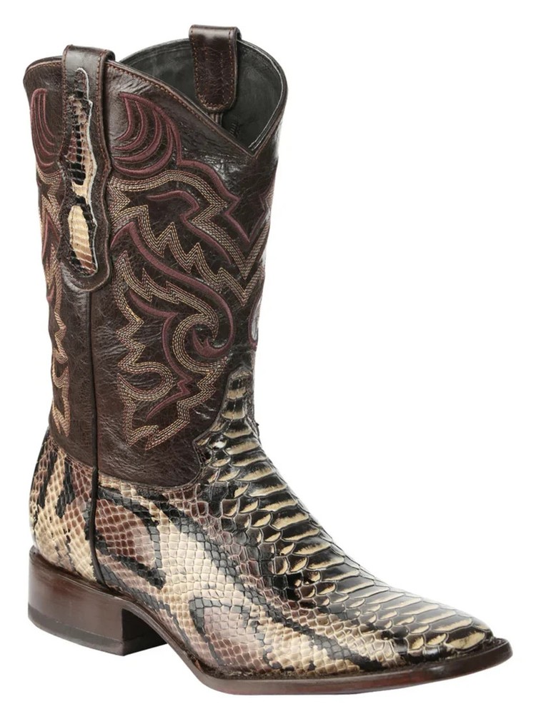 Men’s El General Python Print Leather Western Cowboy Boots Olive Square Toe