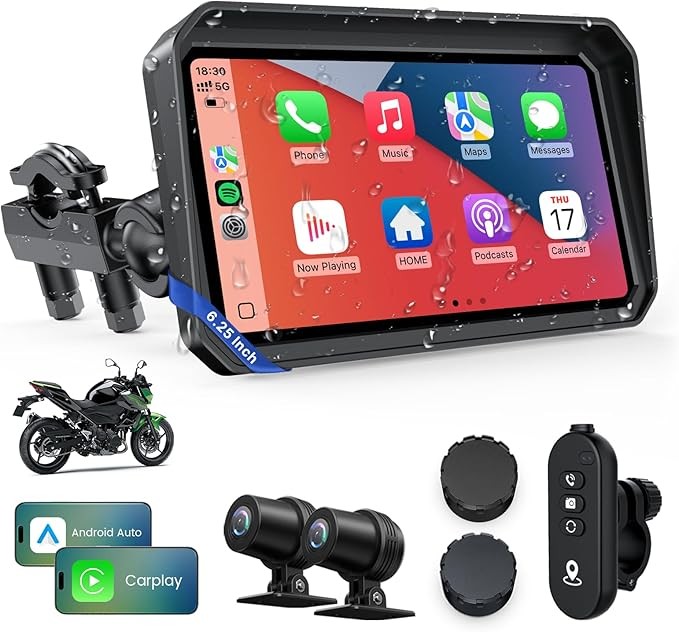6.25" Motorcycle GPS Navigator Wireless CarPlay Android Auto with HD Camera IP67