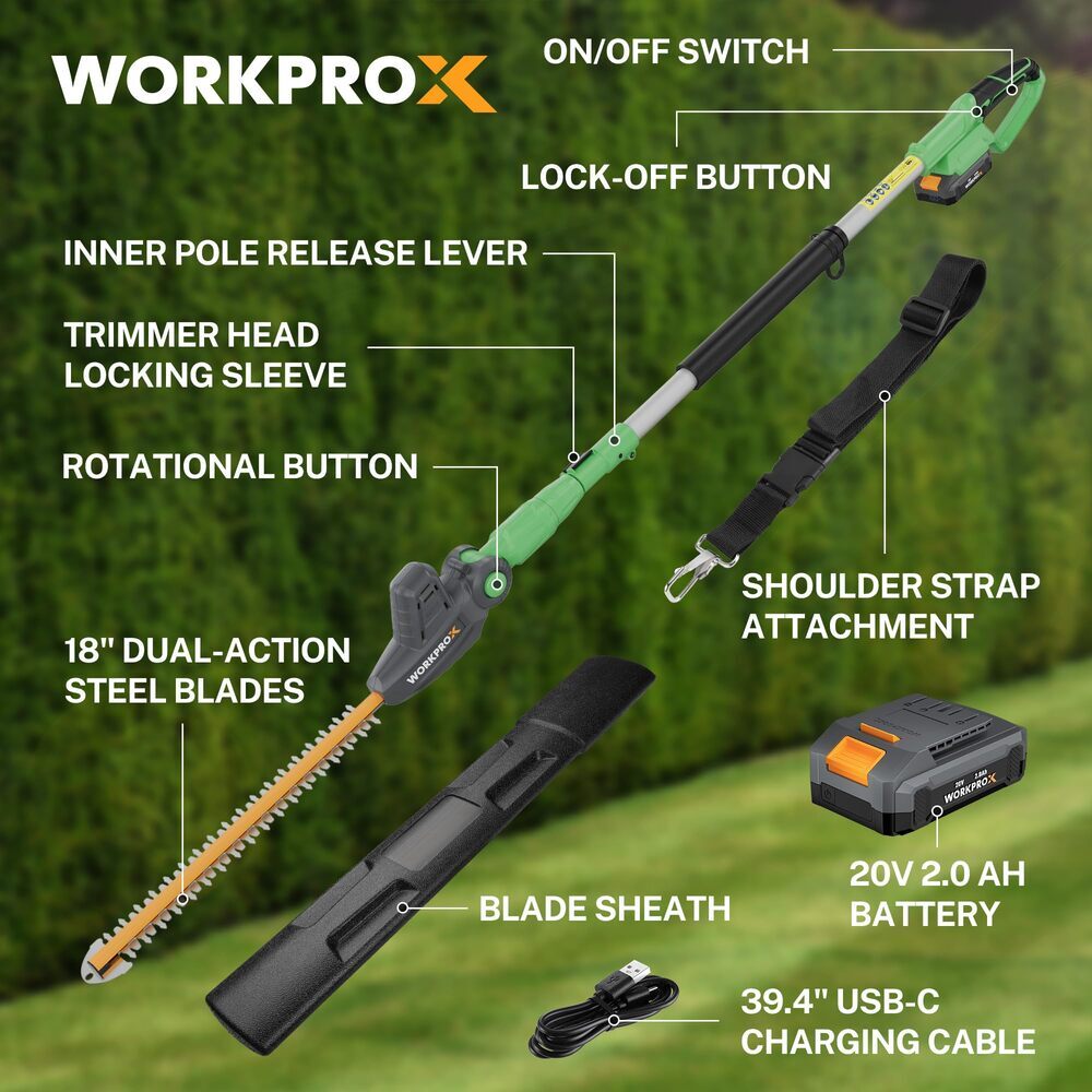 WORKPROX 20V Cordless Pole Electric Hedge Trimmer 2.0Ah Battery &Charging Cable