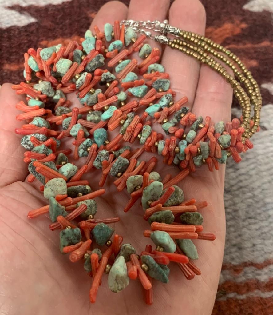 Ethnic multi-strands rustic turquoise/coral necklace22"/(b237-w2)