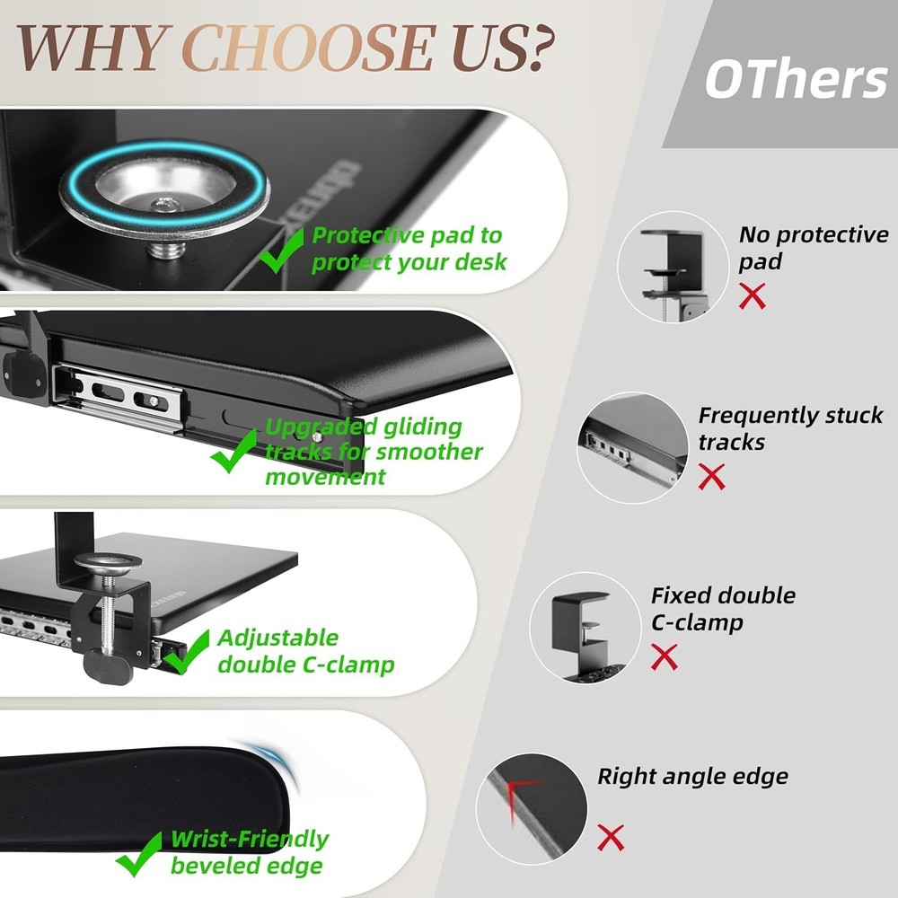 Space-Saving Adjustable Keyboard Tray with Wrist Support & Easy Clamp Attachment