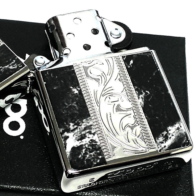 Zippo Lighter Marble Engrave Arabesque Silver Black Etching Regular Case Japan