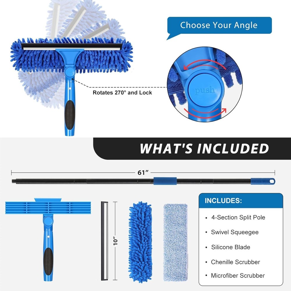 69" Window Squeegee Cleaner with Extension Pole 2 in 1 Scrubber Tool