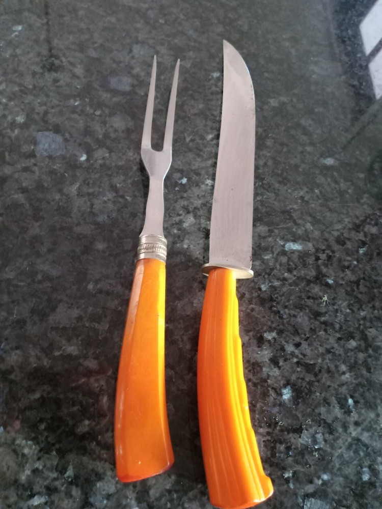 BUTTERSCOTCH BAKELITE SERVING LARGE FORK & KNIFE