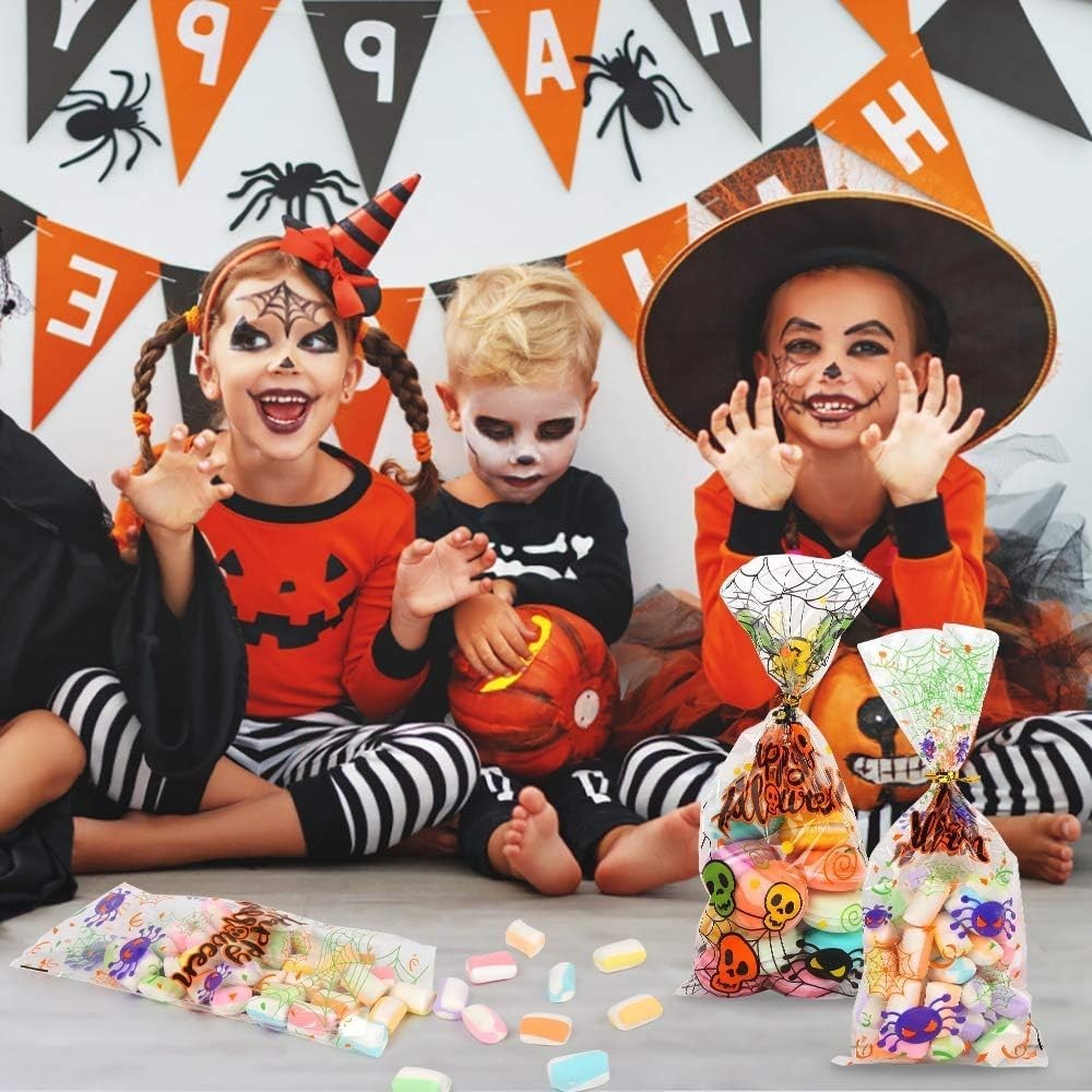 Bolsas de Celofán para Halloween, 200 Bolsas Transparentes para Dulces y Galleta