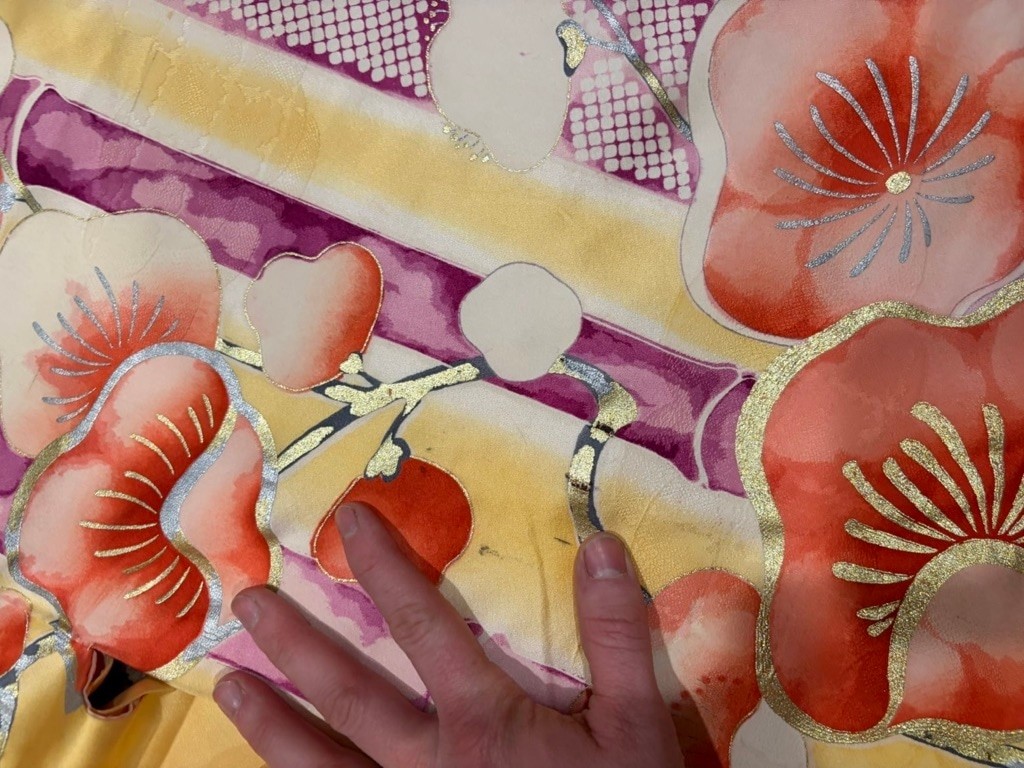 Vintage Mitsukoshi Silk Kimono Yellow Floral Gold Handpainted Long Robe Japan