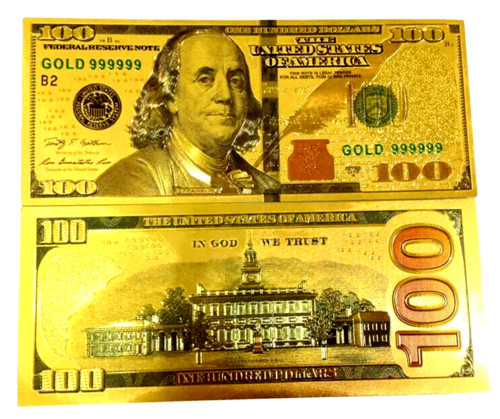 Lot of 100 - GOLD Foil $100 Dollar Bill with Green Seal TWO SIDED Printed
