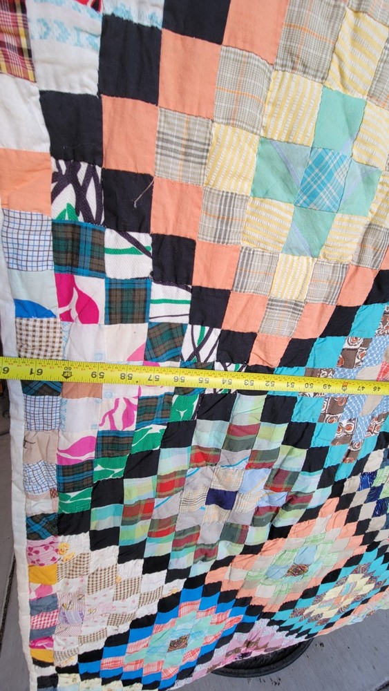 Vintage Handmade Scrap Quilt Large Diamond Patchwork Folk Art Bedspread