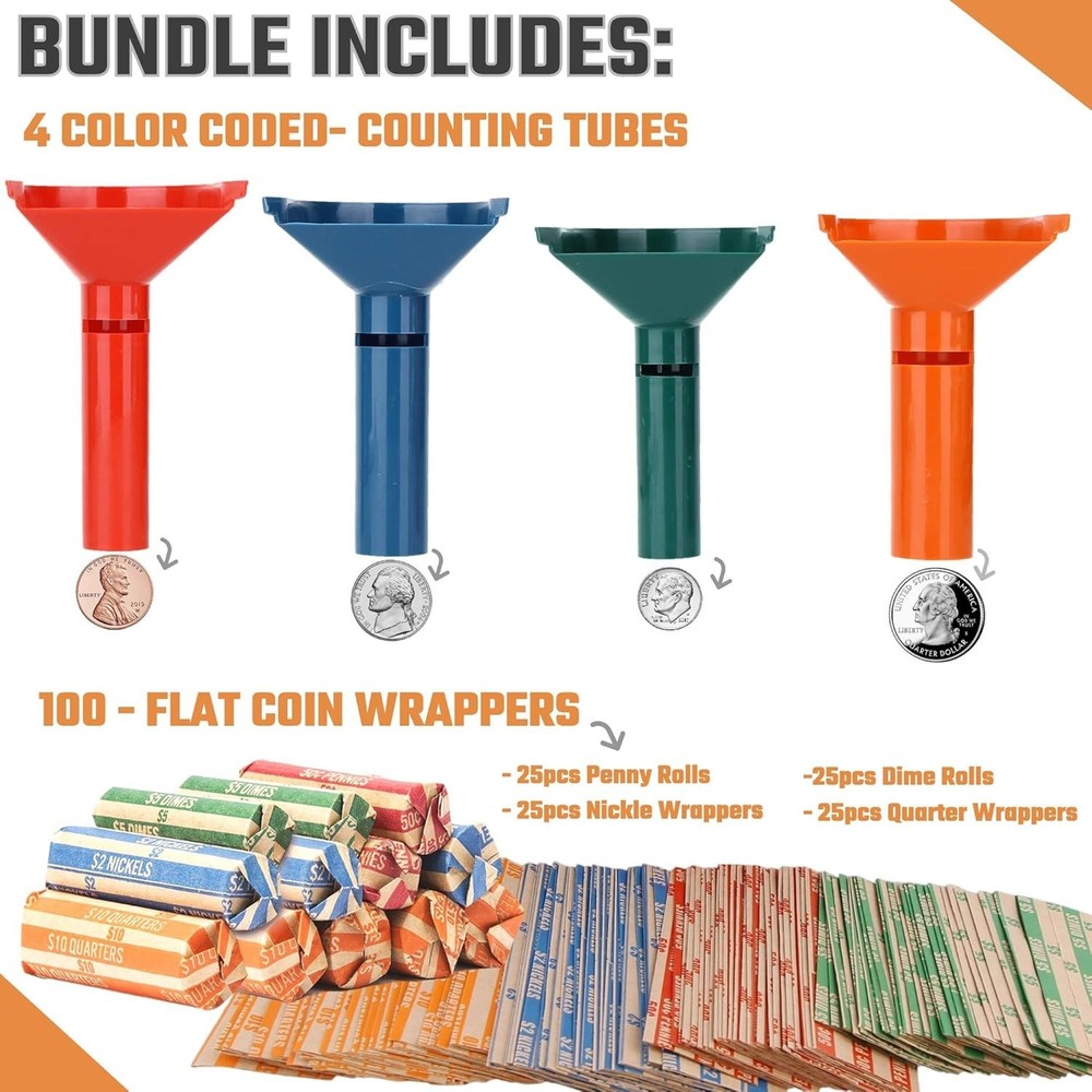 Durable Coin Sorting Tubes with 100 Kraft Paper Coin Wrappers - Compact Solution