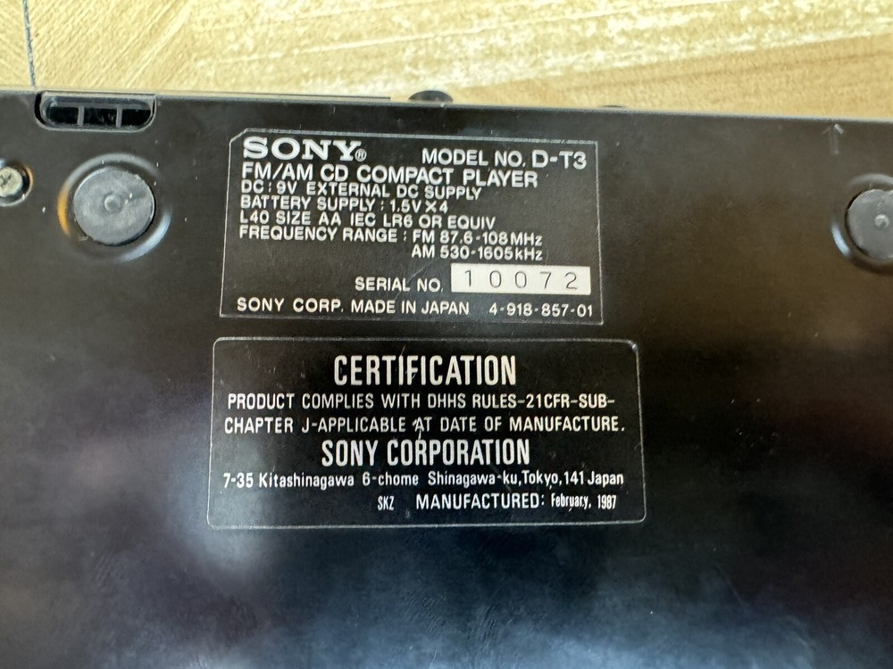 SONY DISCMAN FM/AM model No. D-T3