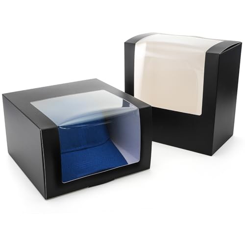 25 Pack Black Gift Boxes with Window for Hat, Paper Hat Display Case, Fold