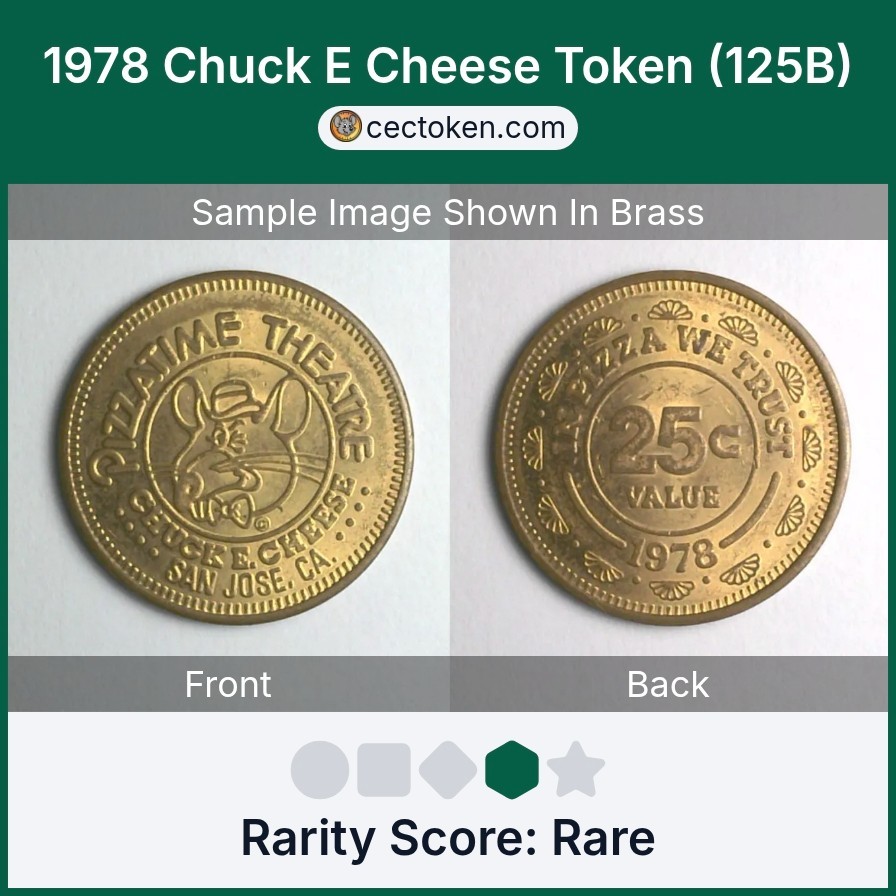 1978 Chuck E Cheese Token (125B) Pizzatime Theatre San Jose, CA Brass 25mm Rare
