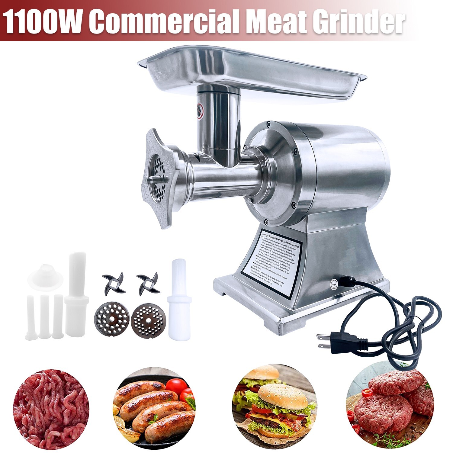 550LB/h Commercial Meat Grinder,1100W Electric Sausage Stuffer,193RPM Heavy Duty