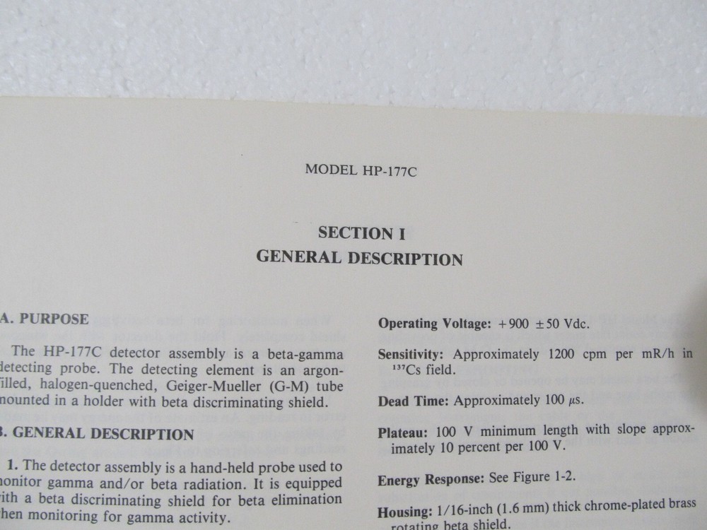 EBERLINE Beta-Gamma Detector Assembly HP-177C TECHNICAL MANUAL