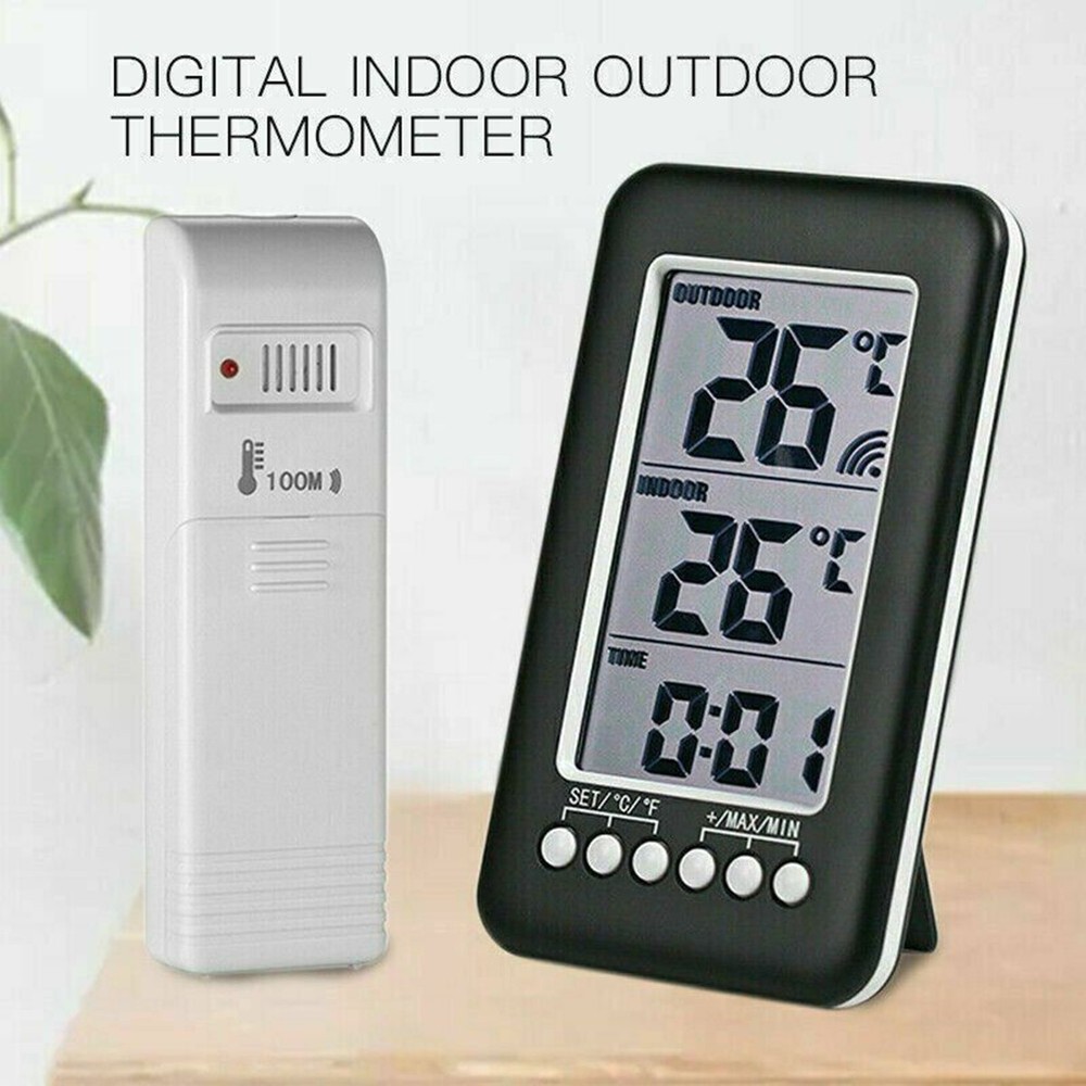 Wireless LCD Digital Thermometer Clock Indoor/Outdoor ℃/℉ Temperature Meter