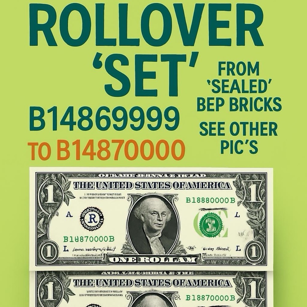ROLLOVER PAIR /WET INK TRANSFER ERROR “UNC”Fancy Serial Numbers Two $1 BILLS