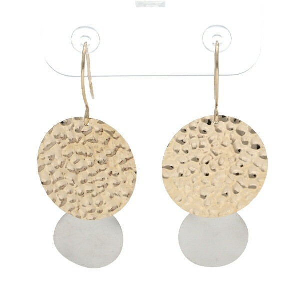 K10 Hammered Double Circle Gold Hook Dangle Earrings (Pair)