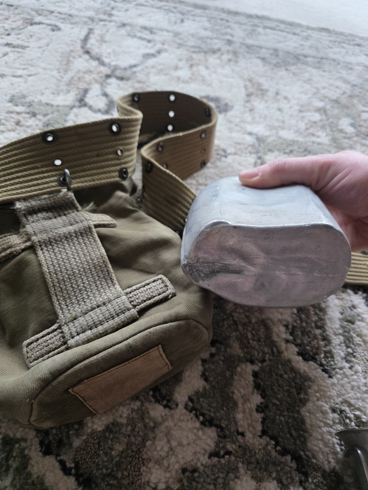 WWII era field gear lot .45 leather pistol holster canteen cover belt etc