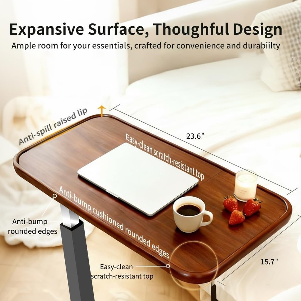 Adjustable Overbed Table W/ Wheels Pneumatic Height Lift Rolling Bedside Table