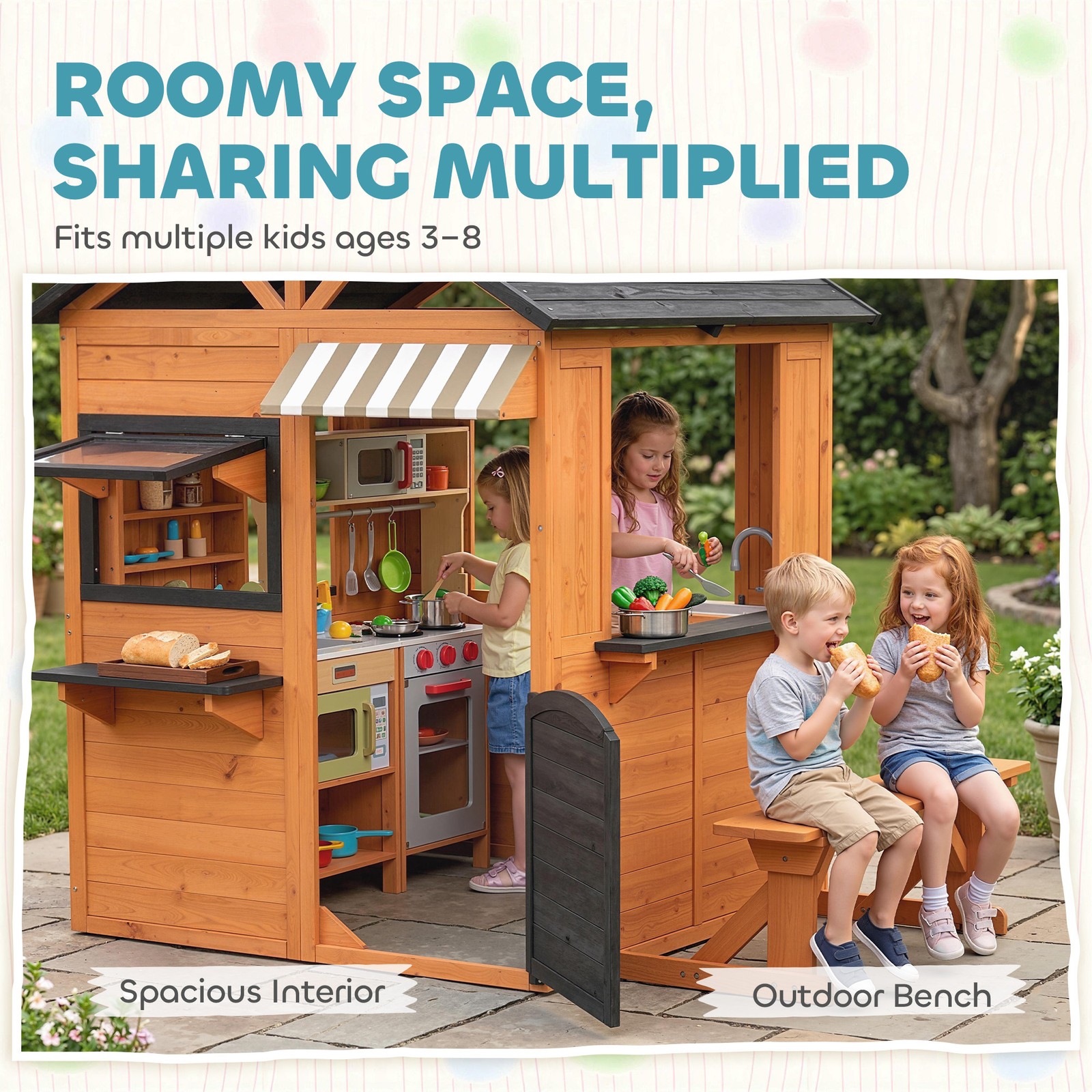 Qaba Outdoor Playhouse, Wooden Kids Playhouse with Play Kitchen and Bench