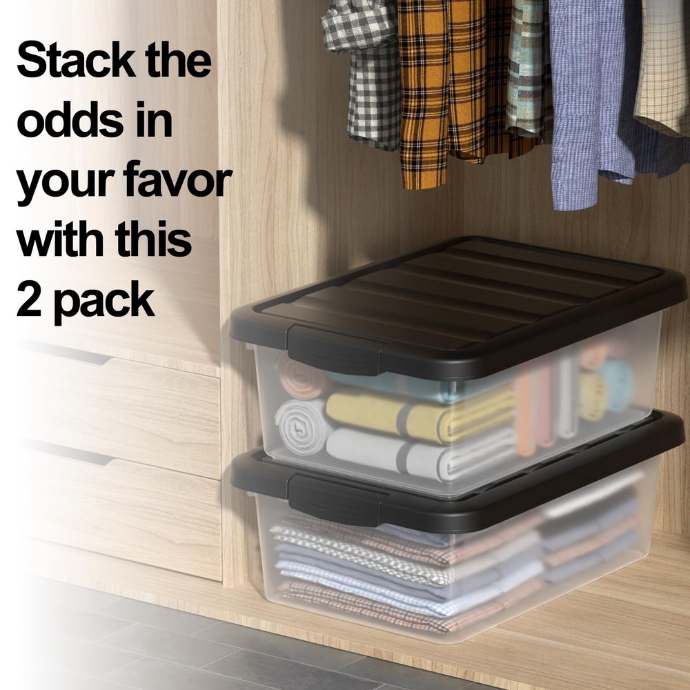 14 Quart Clear Plastic Under Bed Storage Bins, Stackable Latching with Black ...